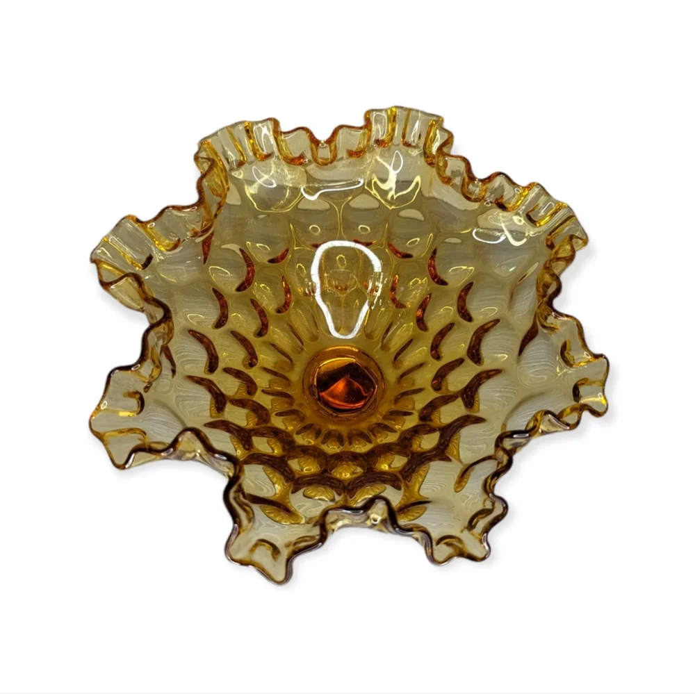Vintage Fenton Thumbprint Ruffled Honey Amber Compote Glass Dish